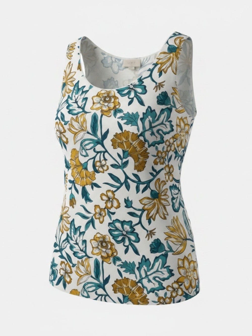 LOFT White Floral Tank with Teal & Mustard Print